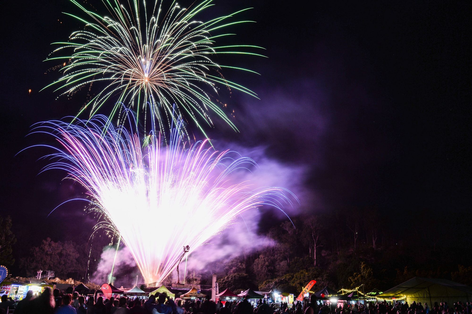 Fireworks over the crowd at the Centenary Rocks! Festival